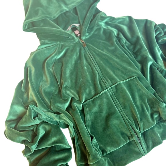 Green Velvet Velour Embroidered Zip Hoodie - Picture 2 of 5